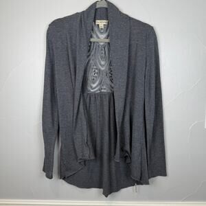 Live and Let Live Gray Cardigan Small Boho Crochet Back Drape Open Front